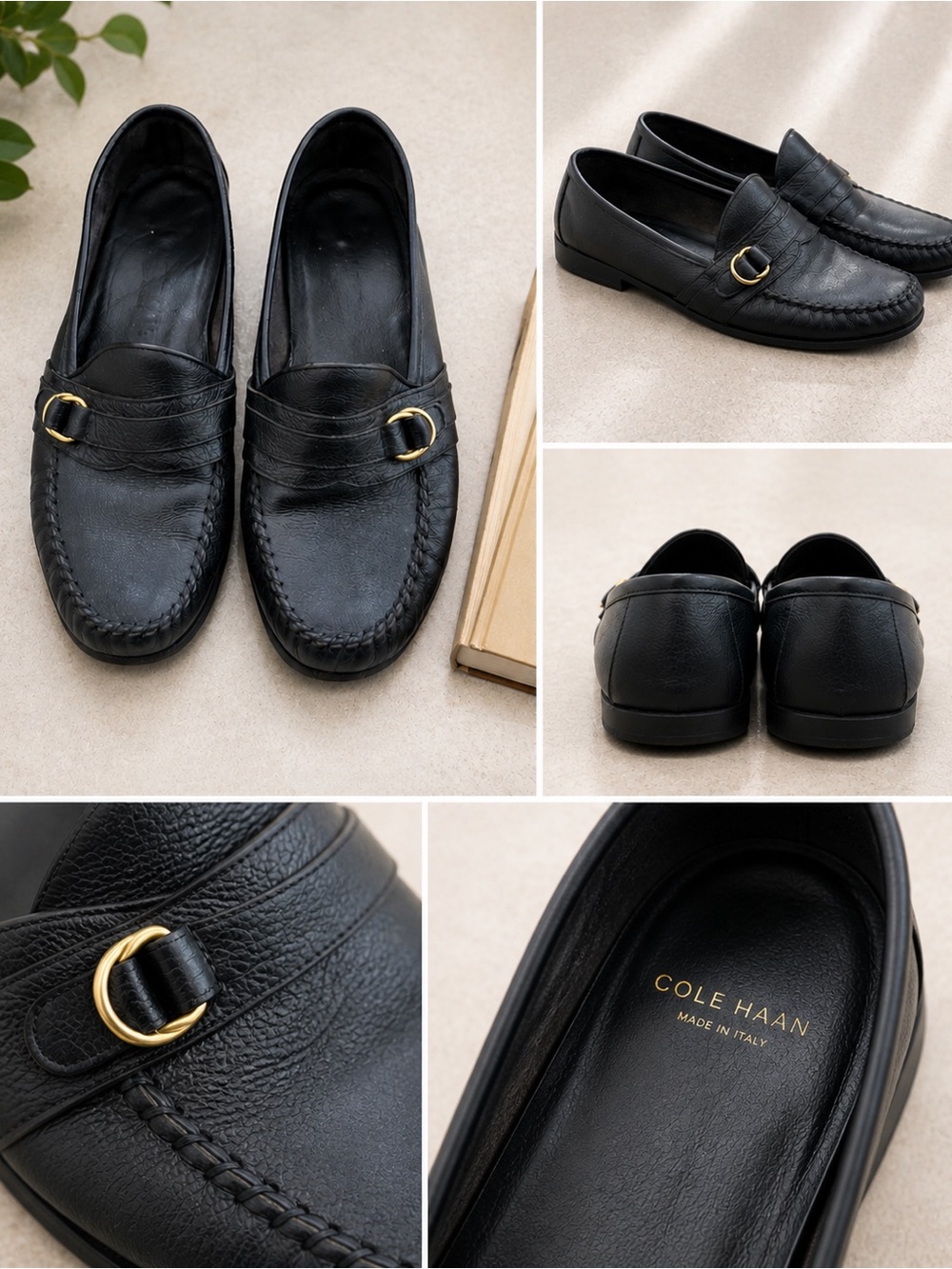 Cole Haan Black Leather Gold Buckle Italian Loafers Men’s 8D